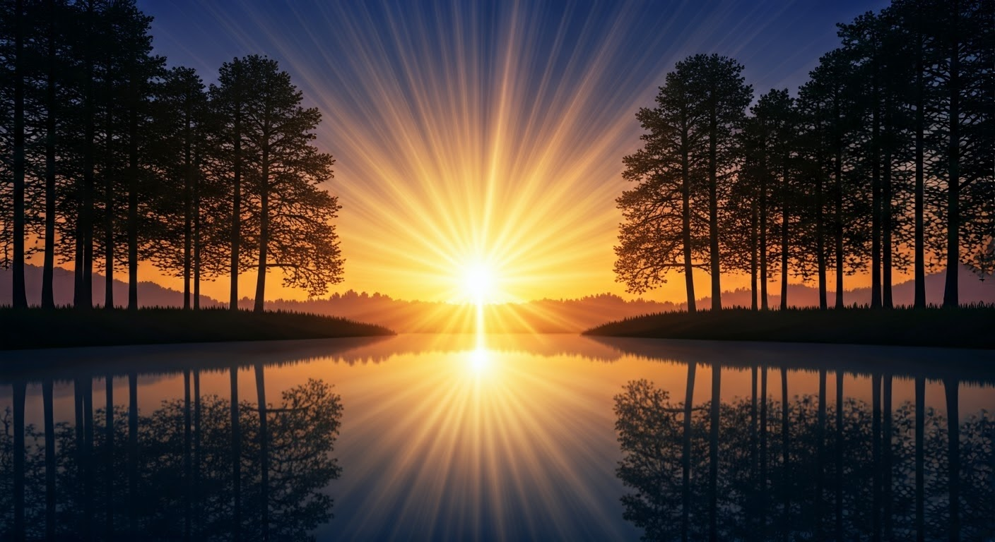 Radiant sunrise over tranquil lake